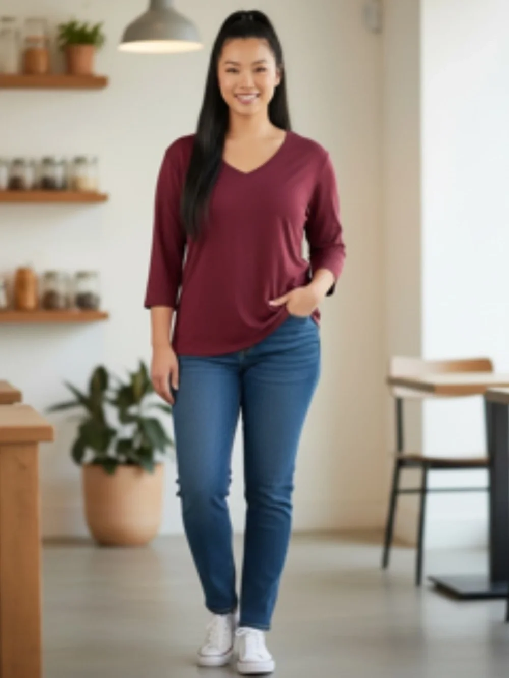 Karen Scott V-Neck 3/4 Sleeve Relaxed Silhouette Burgundy Top Size XL